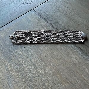 Silver Tone Wide Beaded Statement Cuff Bracelet Snap Closure